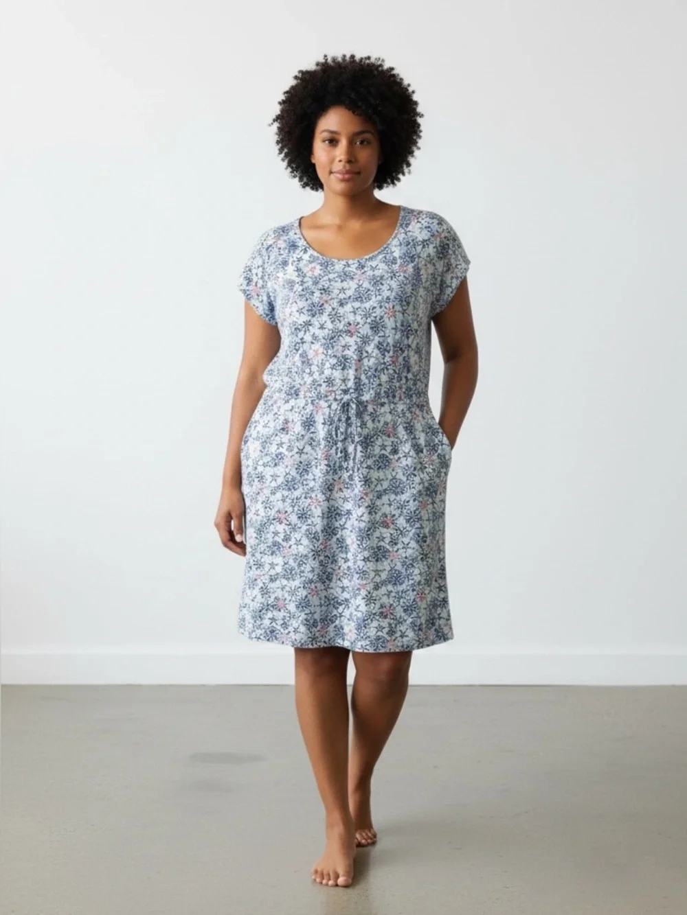 Talbots 100% Cotton T Shirt Dress Drawstring Waist Size 3X Floral Sand Dollar - Picture 1 of 11